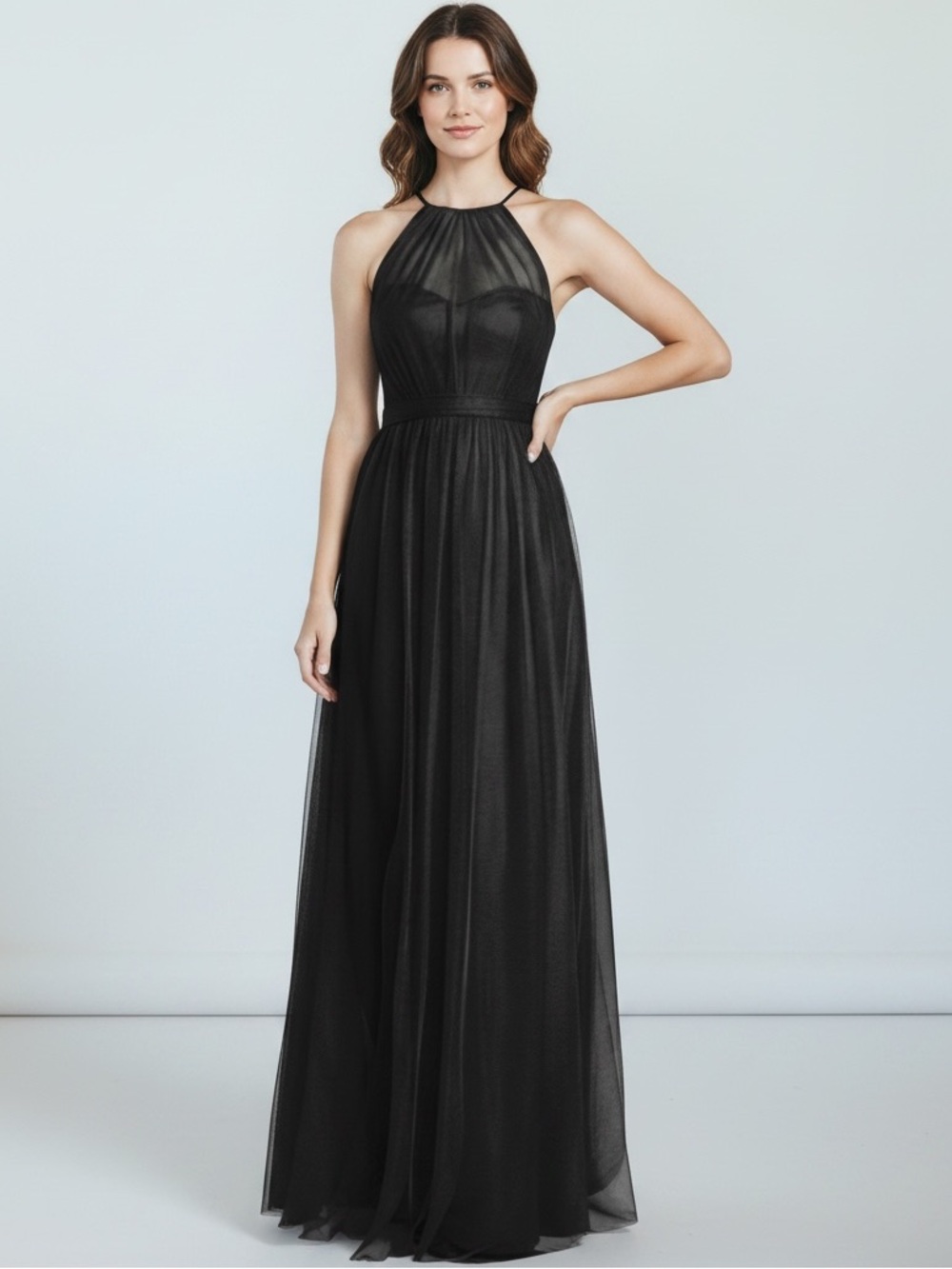 Amsale Aliki Black Illusion Halter Formal Maxi Gown Size 4